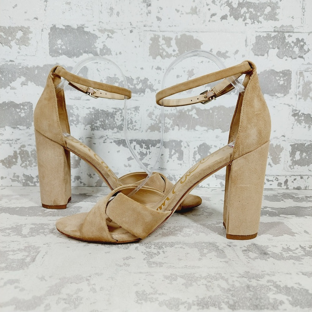 NEW Sam Edelman Yancy Tan Suede Block Heel Ankle Strap Sandal Heels M430 - Picture 4 of 11